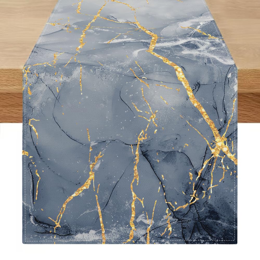 Washable Spring Table Runner 40 x 140 cm Summer Table Runner Modern Navy Blue and Grey Table Decorations Gold Marble Textured for Coffee Table Dining Room Dresser End Table