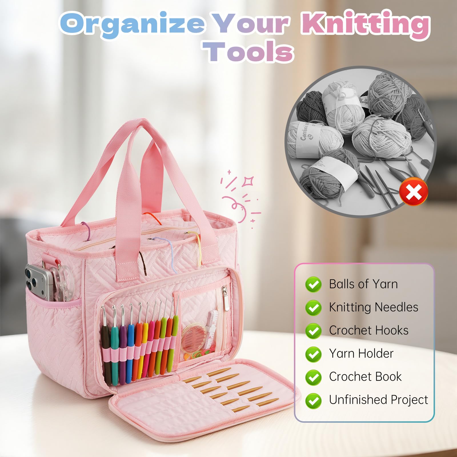 Dadanism Häkel Basteltasche, Strick Tasche, Garn Aufbewahrung Nähtaschen mit Griff & Schultergurt, Garn Aufbewahrung Organizer für Häkeln Stricker Häkelnadeln Stricknadeln Set Nähzubehör, Rosa