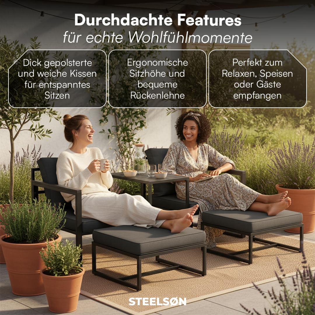 STEELSØN Asteri Sitzgruppe 5-teilig – Gartenmöbel Set mit 2 Sessel, 2 Hocker, 1 Tisch – Balkonlounge Metallgestell Schwarz – inkl. Sitzpolster anthrazit – Terrassenlounge für 2-4 Personen – wetterfest