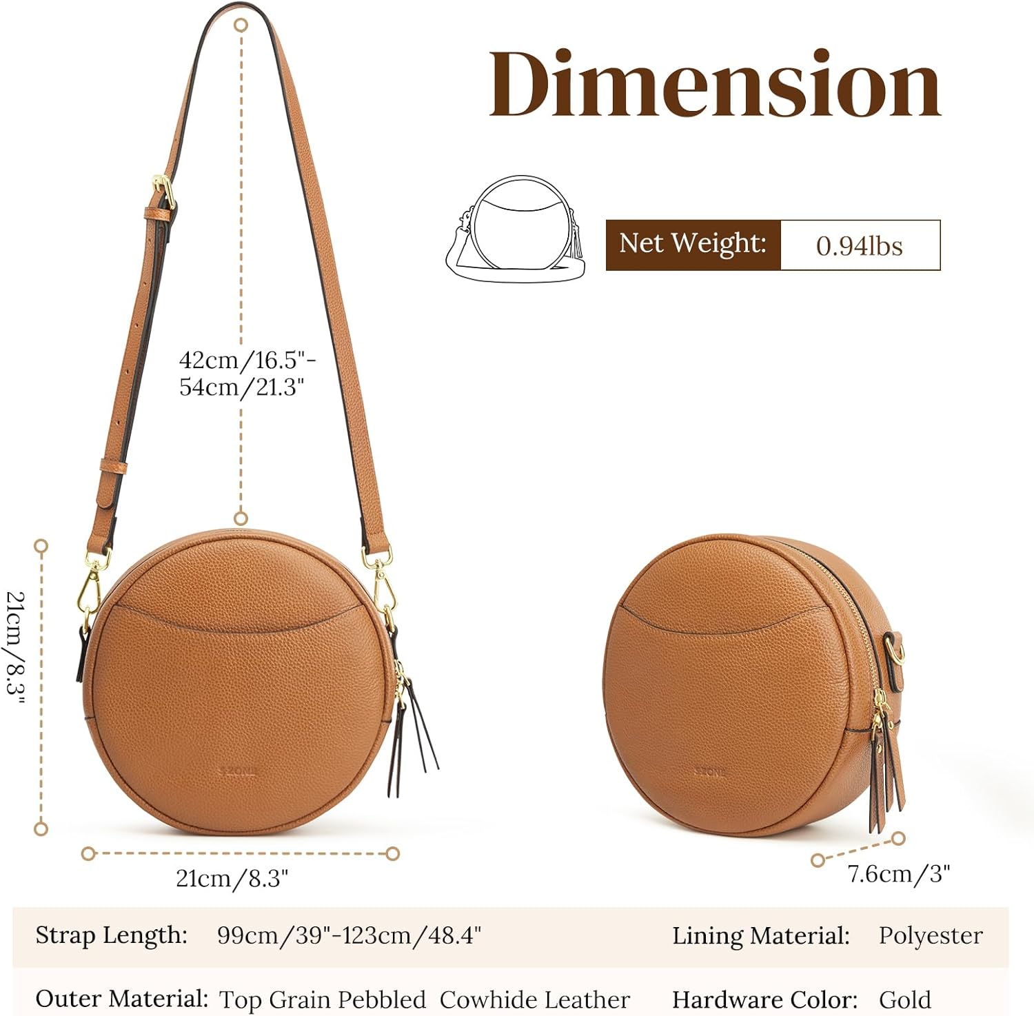 S-ZONE Leather Crossbody Bags for Women Vintage Circle Shoulder Purse Trendy Round Handbag with Adjustable Strap - Image 3