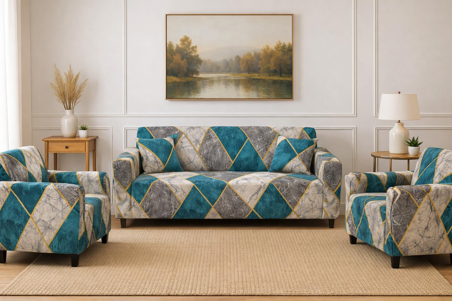 Universal Stretchable 5 Seater Sofa Cover Set (3+1+1) Soft Durable Fabric Modern Printed Elastic Slipcover Washable Anti-Slip Furniture Protector (Teal Diamond, 5 Seater)-image-46