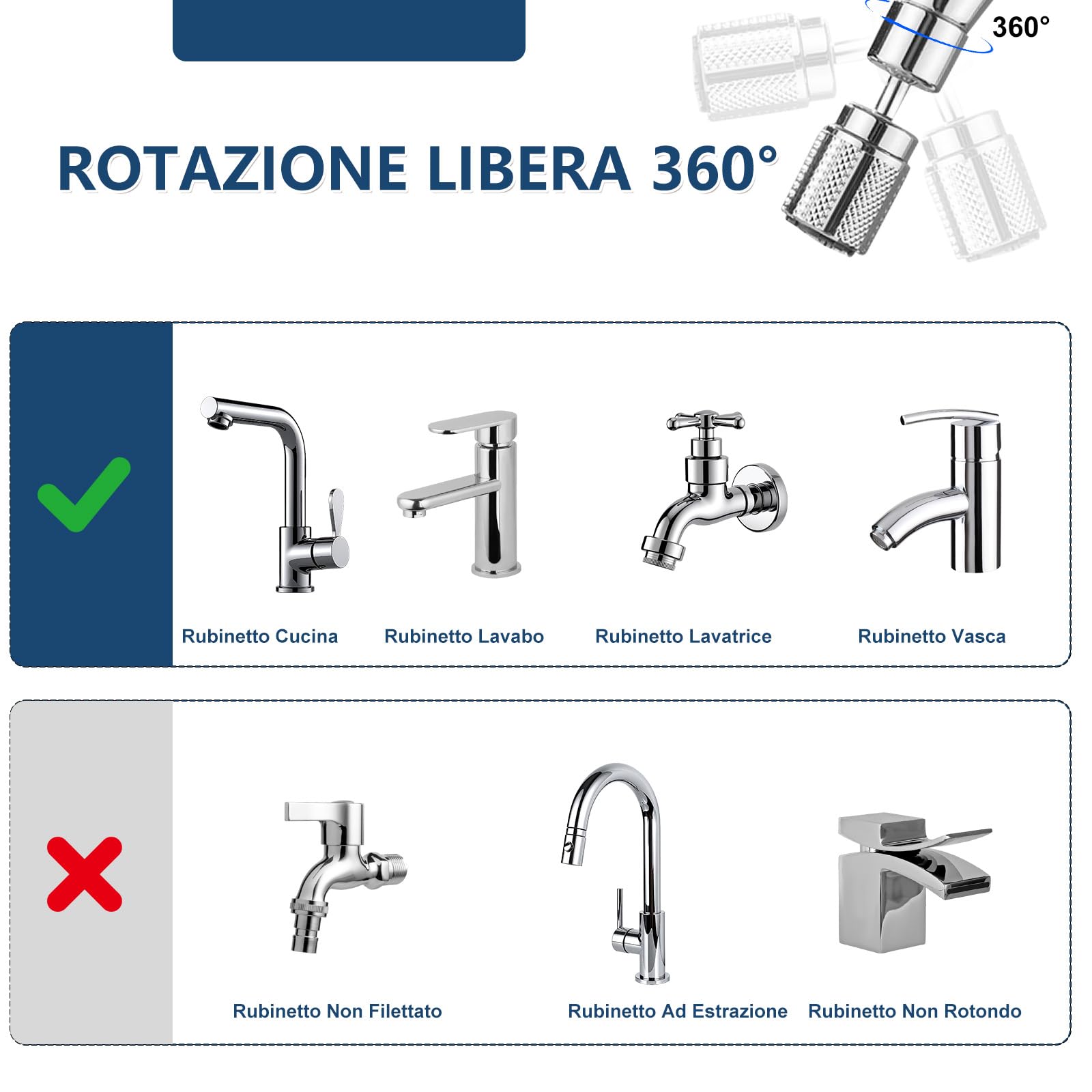 Prolunga per rubinetto con testa doccia girevole regolabile