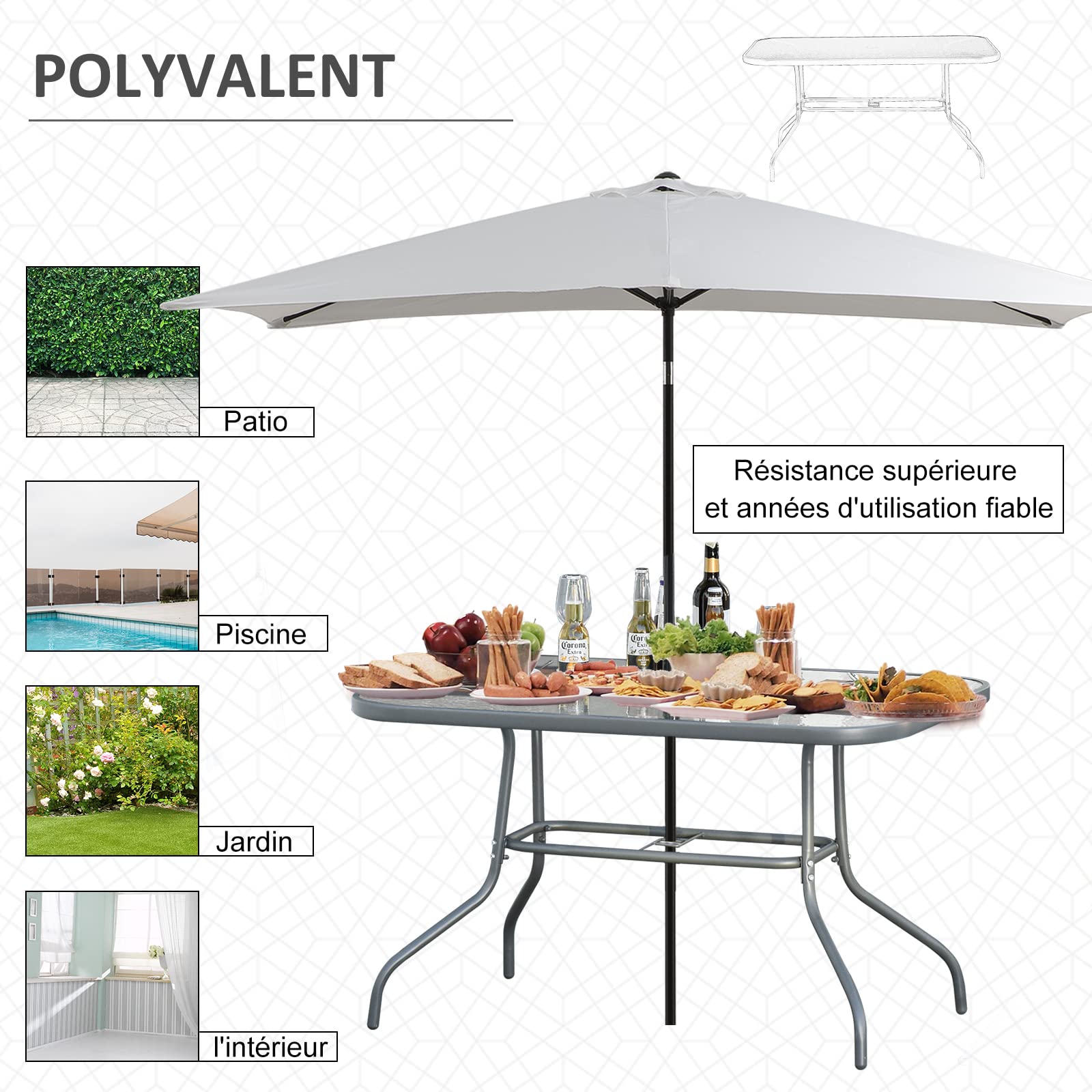 Outsunny Table de Jardin rectangulaire 120x80x70 cm métal époxy Gris Verre trempé