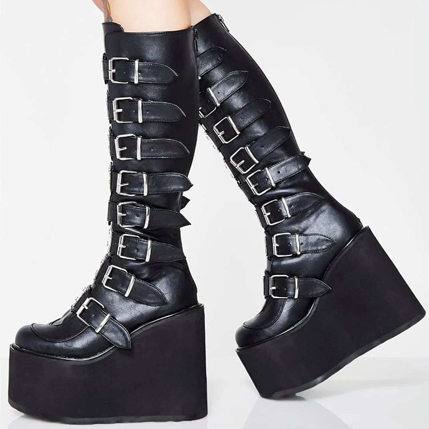 Women's Platform Punk Goth Knee High Boots Rivets Metal Buckle Back Zip Knee High Motorcycle Combat Booties
