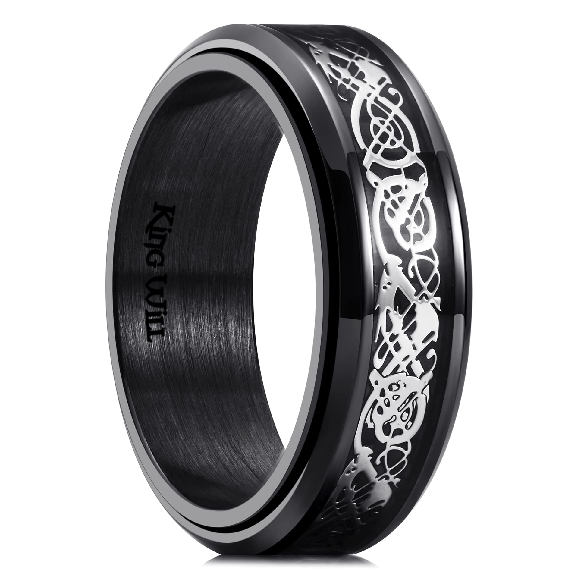 King Will 316L Stainless Steel Spinner Ring for Men Women- 8mm Width Fidget Ring with Dragon/Celtic Knot Pattern, Stress Anxiety Relief Comfort Fit Wedding Band