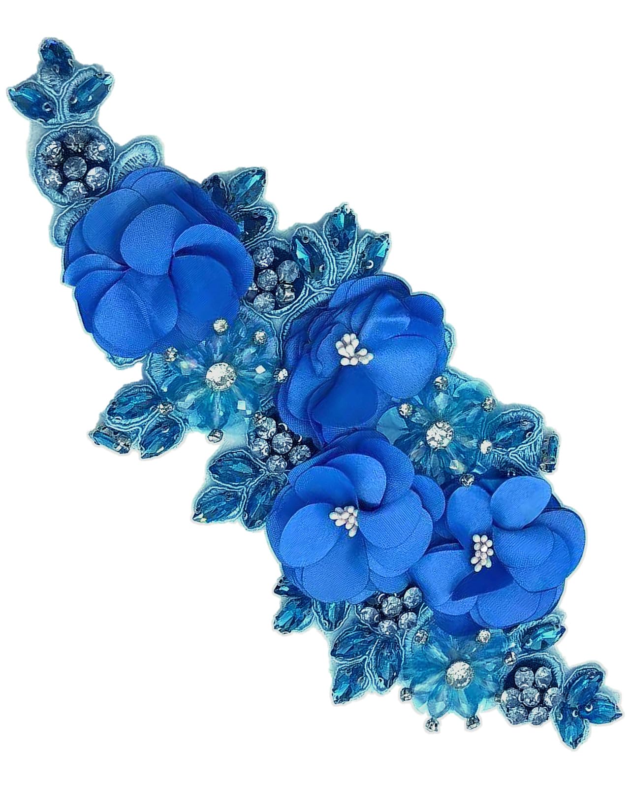 Photo 1 of 1pc Handmade Rhinestone Applique for Clothes, 3D Flower Fabric Patches for Wedding Dress, Bling Beaded Embroidery Lace Applique for Hat Hairband Sewing Embellishment (Deep Blue)