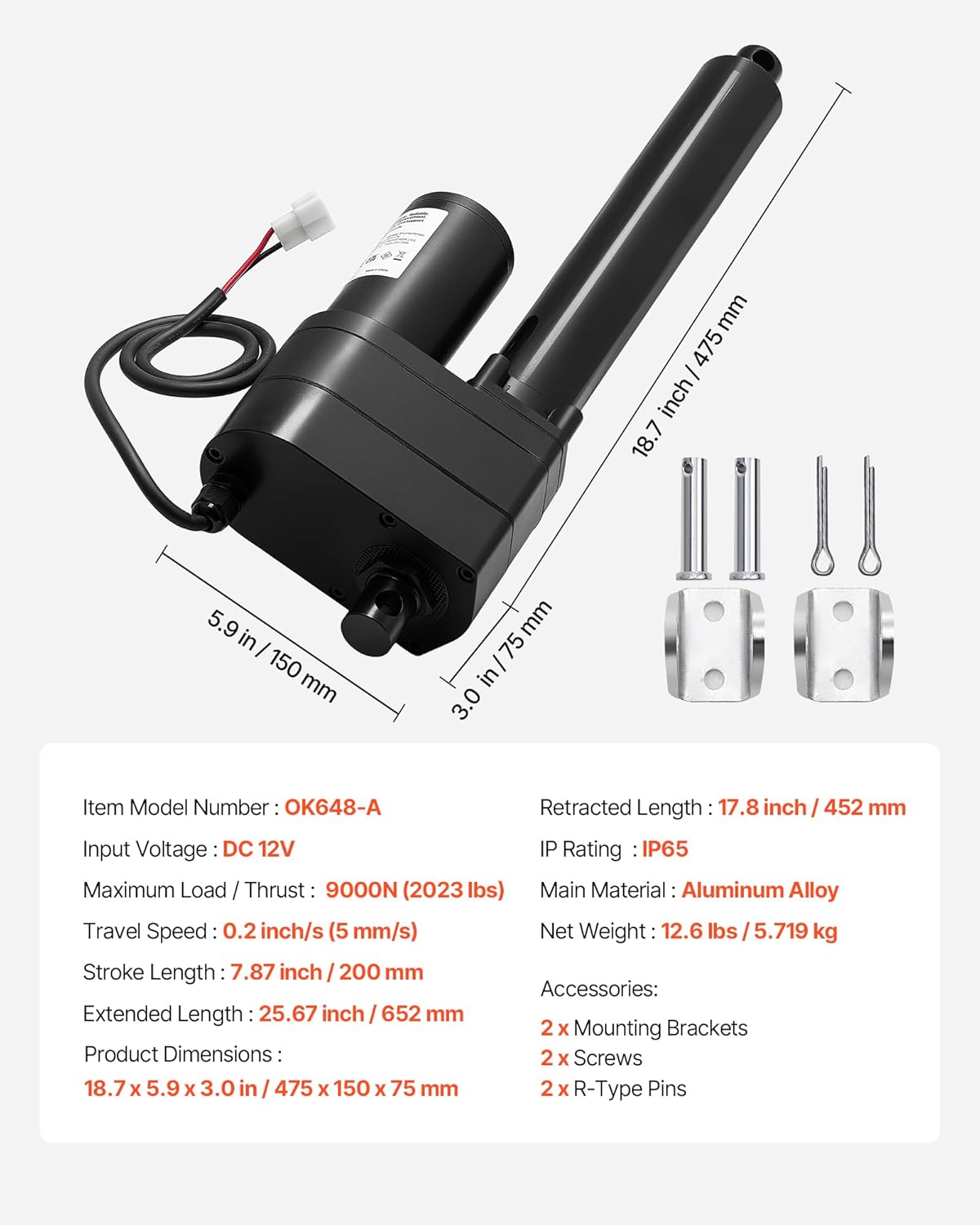 VEVOR 12V Linear Actuator, 7.87 Inch Ultra Heavy-Duty 2023lbs/9000N Linear Motion Actuator, IP65 Waterproof 0.2"/s with Mounting Brackets for Industrial Machinery Vessels, Heavy Lifting Systems