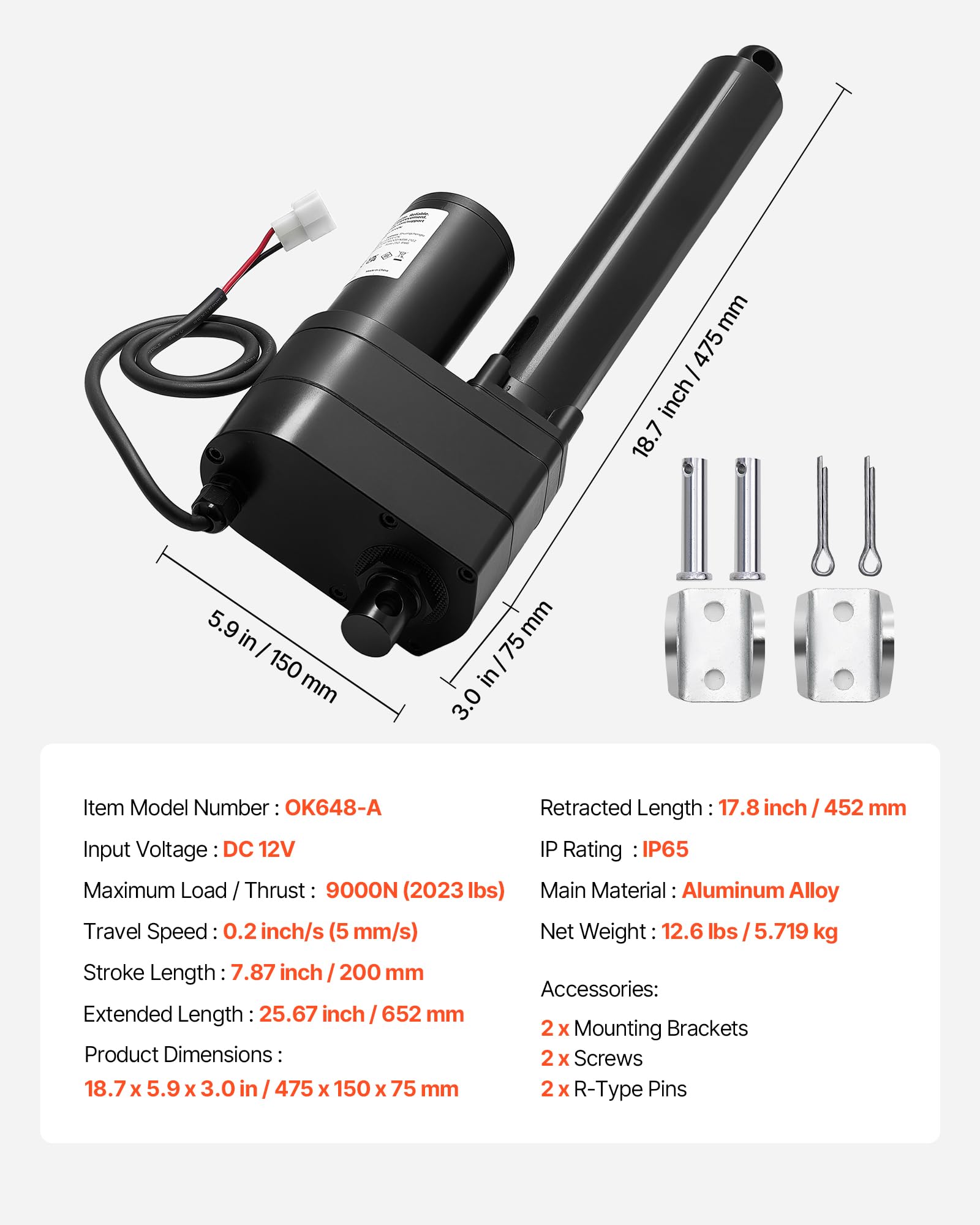 VEVOR Actuador Lineal 12 V, 200 mm, Motor Lineal de 9000 N, IP65, 5 mm/s, con Soportes de Montaje para Contenedores de Maquinaria Industrial y Sistemas de Elevación de Alta Resistencia, Negro