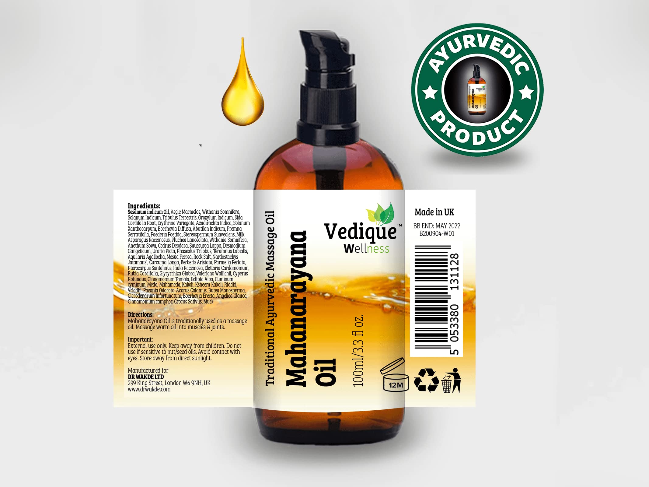 VEDIQUE Remedies olejek z mahanarajany, 500 ml, 100 ml, ponad 50 ziół, klasyczny olejek do masażu ajurwedyjskiego dla mięśni i stawów, balansowanie Vata | całkowicie naturalny