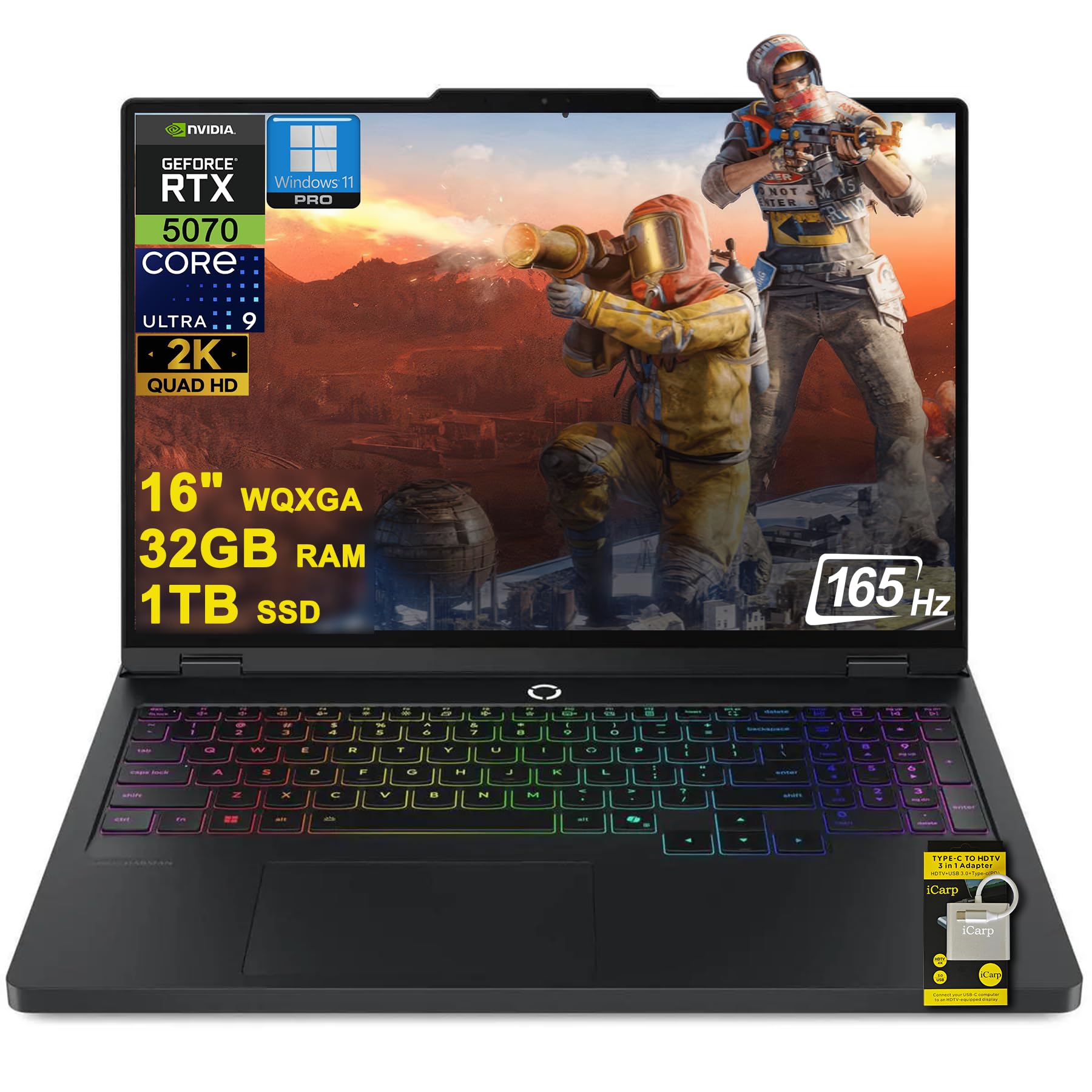Legion Pro 5 Gaming AI Laptop 16" WQXGA 2560x1600 OLED 165Hz Intel 24-core Ultra 9 275HX 32GB RAM 1TB SSD GeForce RTX 5070 DLSS4 (Up to 798 AI Tops) RGB Backlit Harman Wi-Fi7 Win11Pro ICP Hub