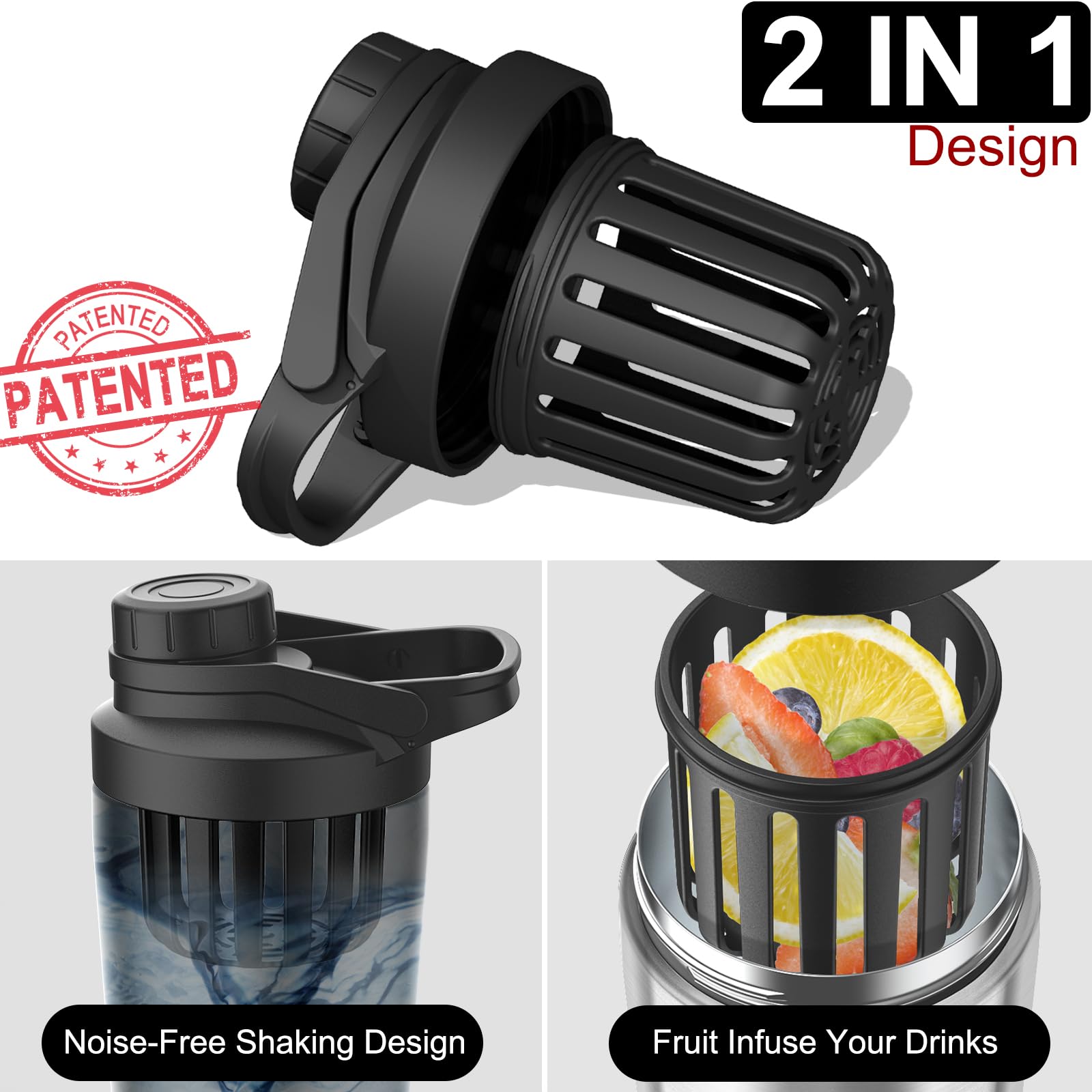 Greatyos Borraccia shaker in acciaio inox con design silenzioso, brevettata, da 680,4 g, per miscele di proteine e pre allenamento, 100% a prova di perdite (acciaio)