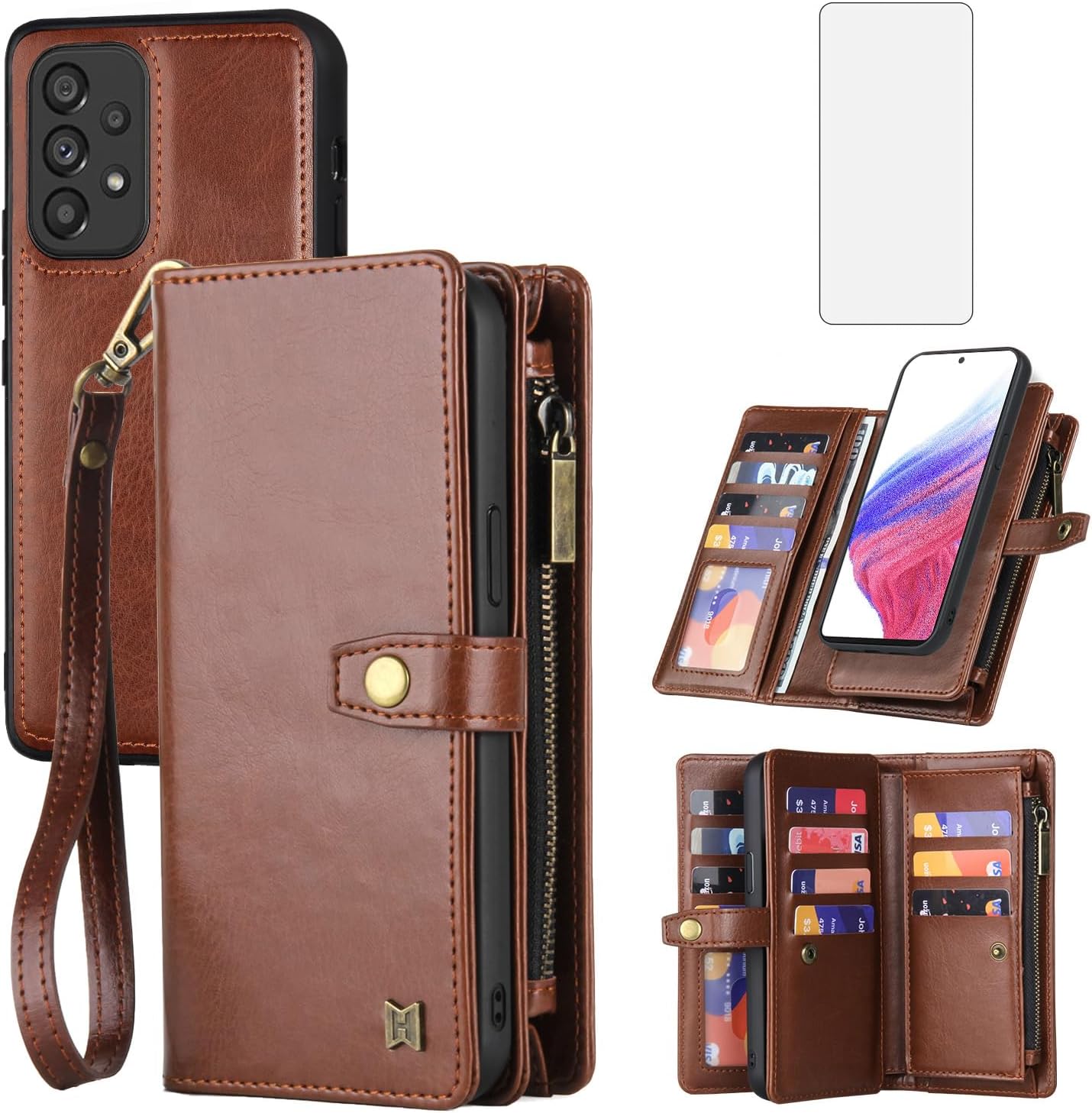 Asuwish Phone Case for Samsung Galaxy A53 5G Zipper Wallet Detachable Cover with Screen Protector and Card Holder Slot Wrist Strap Accessories Protective A 53 G5 53A SM A536U 6.5" 2022 Women Men Brown