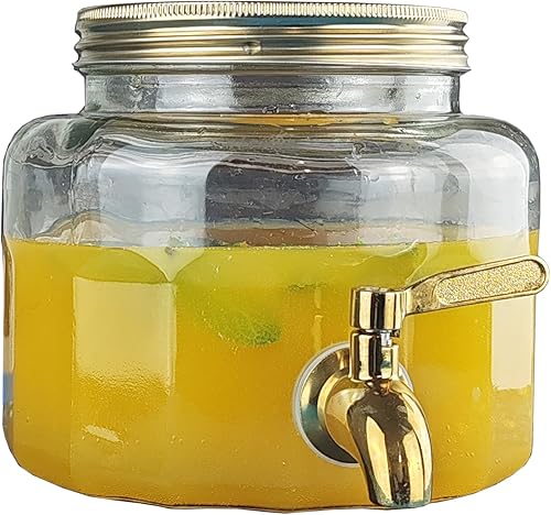 Miniatura 10 de Dispensador de bebidas de vidrio dorado de 0.8 galones (2.8 litros) para refrigerador con espita, boquilla y tapa de acero inoxidable dorado, tarro