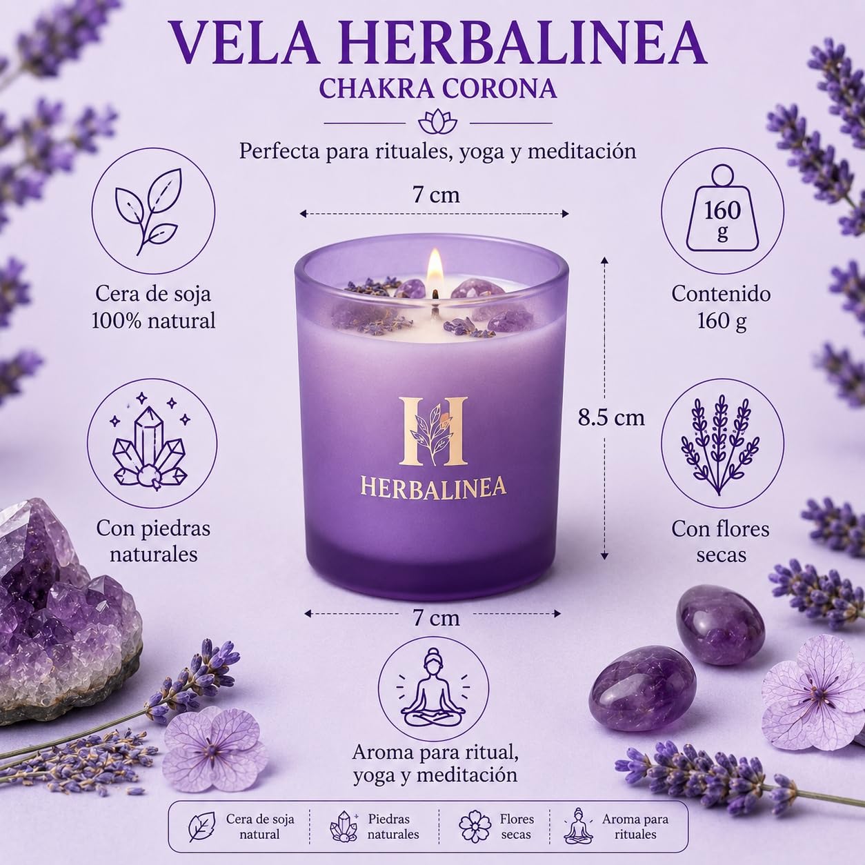 Bougie chakra de soja 100 % avec pierres naturelles et fleurs séchées, bougie parfumée pour méditation, yoga, relaxation et décoration, cadeau original, 160 g (violet - chakra couronne)
