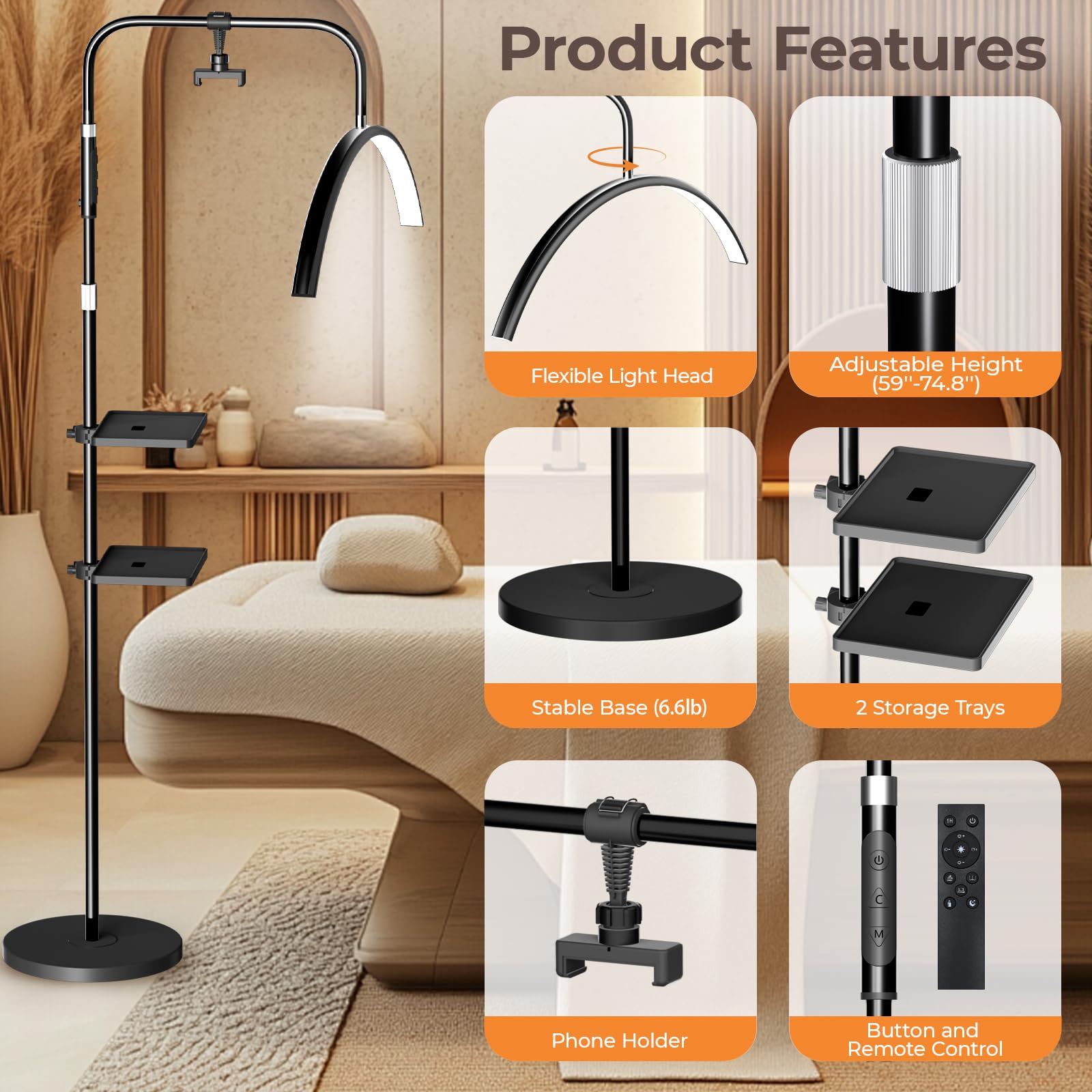 young master Halbmond Wimpernlicht, 24W 1500LM Dimmbar LED Stehlampe mit verstellbarer Höhe von Lash Techs, Tattoo und Nagelkünstler, 4 Farbmodi für Telefonhalter und 2 Tabletts