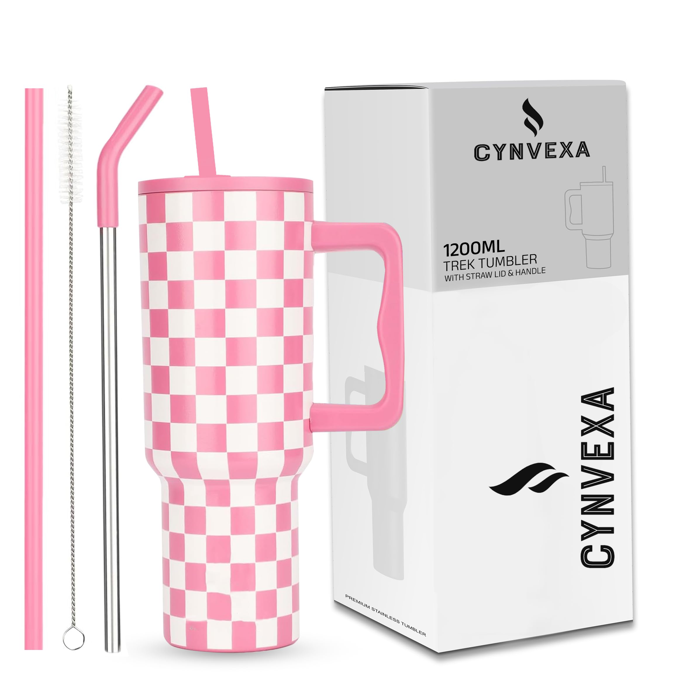 Tumbler with lid and Straw 1200ML Cup Stainless Steel Vacuum Insulated Tumbler for Water, Iced Tea or Coffee 1.2L Office Gym Travelling (40-Oz-Pink Checks)