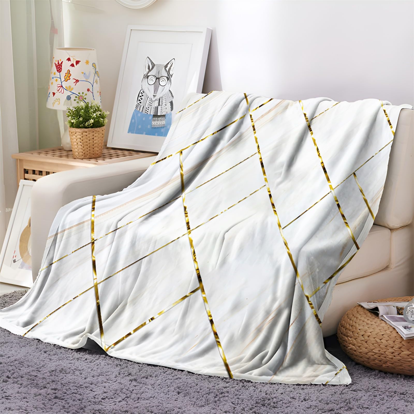 Coperta Plaid in Flanella di Pile Trama di marmo 150x200 cm Super Morbida e Calda Coperta in Microfibra Letto Matrimoniale Singolo, Coperte per Bambina Bambino Regalo - Bianco
