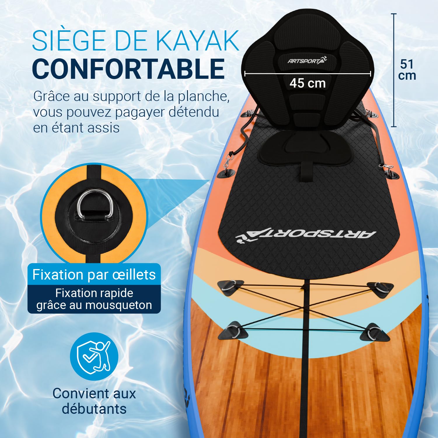 ArtSport Planche Paddle Gonflable 320 cm avec Siège Kayak, Support Caméra Action, Capacité 150 kg