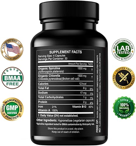 Miniatura 2 de Cápsulas de Polvo de Clorella y Espirulina 3000 mg de Algas Azules Verdes Puras Libres de BMAA - Mejores Vitaminas Naturales Detox Crudas Veganas