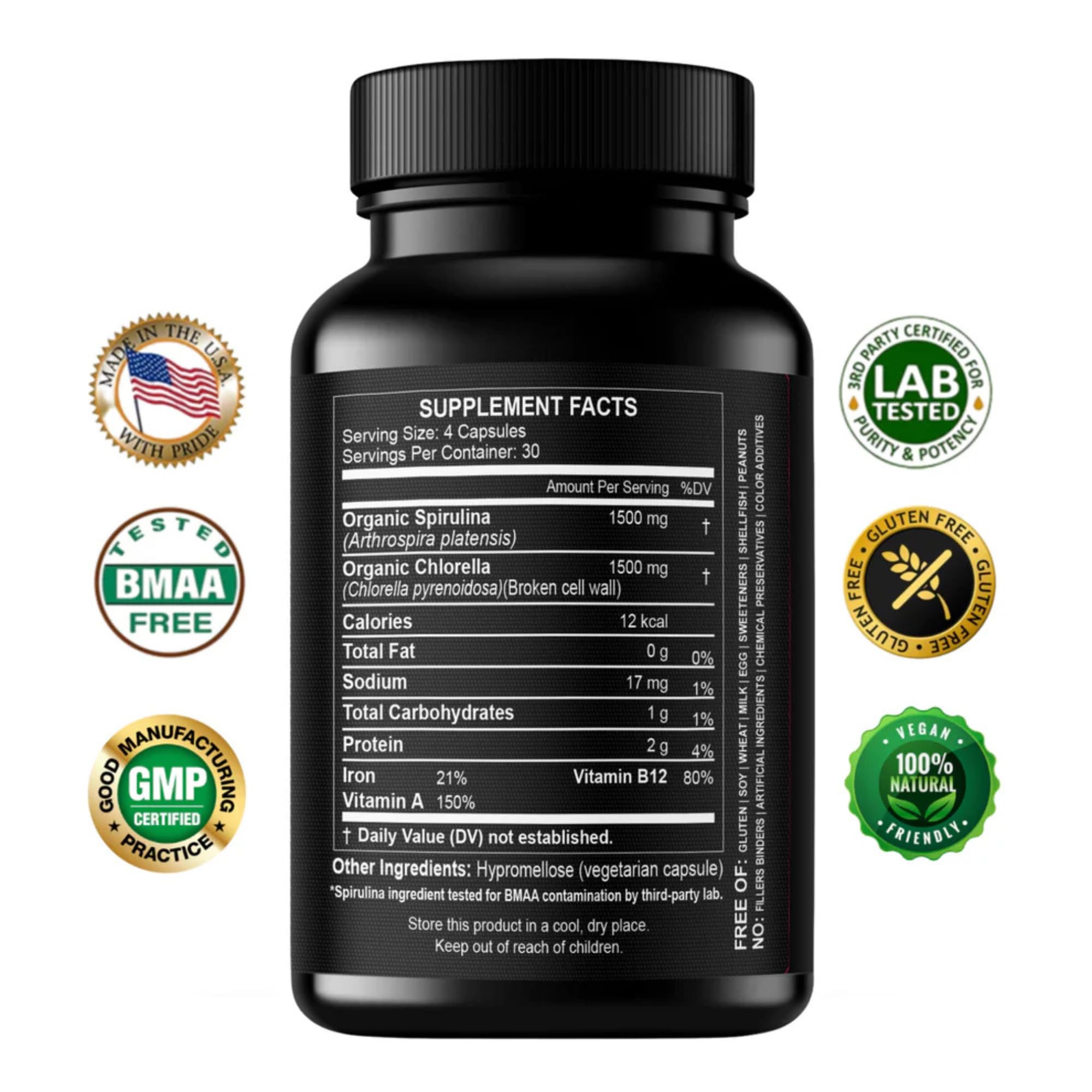 Chlorella Spirulina Powder Capsules 3000 mg of BMAA Free Purest Blue Green Algae - Best Natural Detox Raw Vegan Vitamins Protein Green Superfood - Made in USA — Amazon image 2