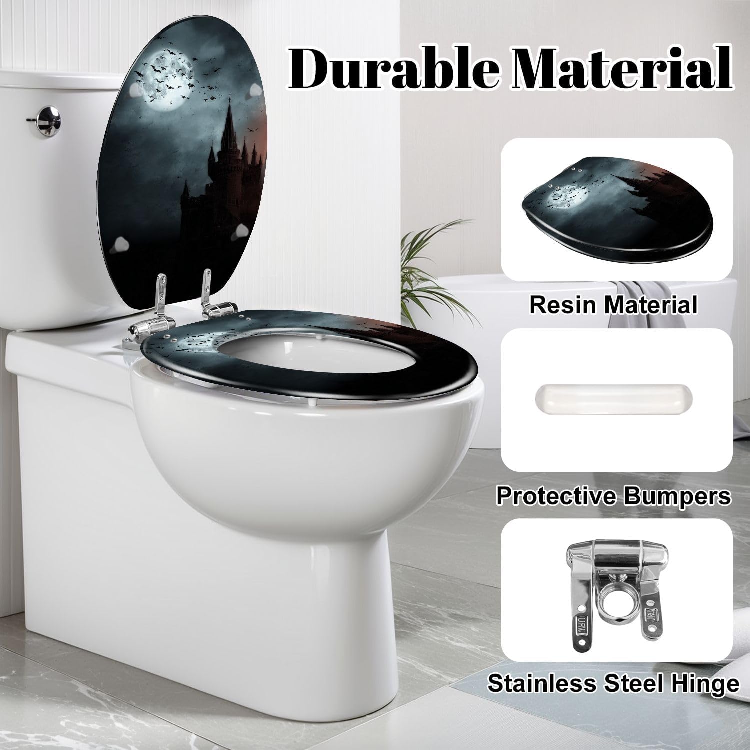 Elongated Toilet Seat Bats empty town Resin Toilet Seat Slow Quiet Close Lid with Quick-Release Hinges Cover Bumpers Easy to Clean Install