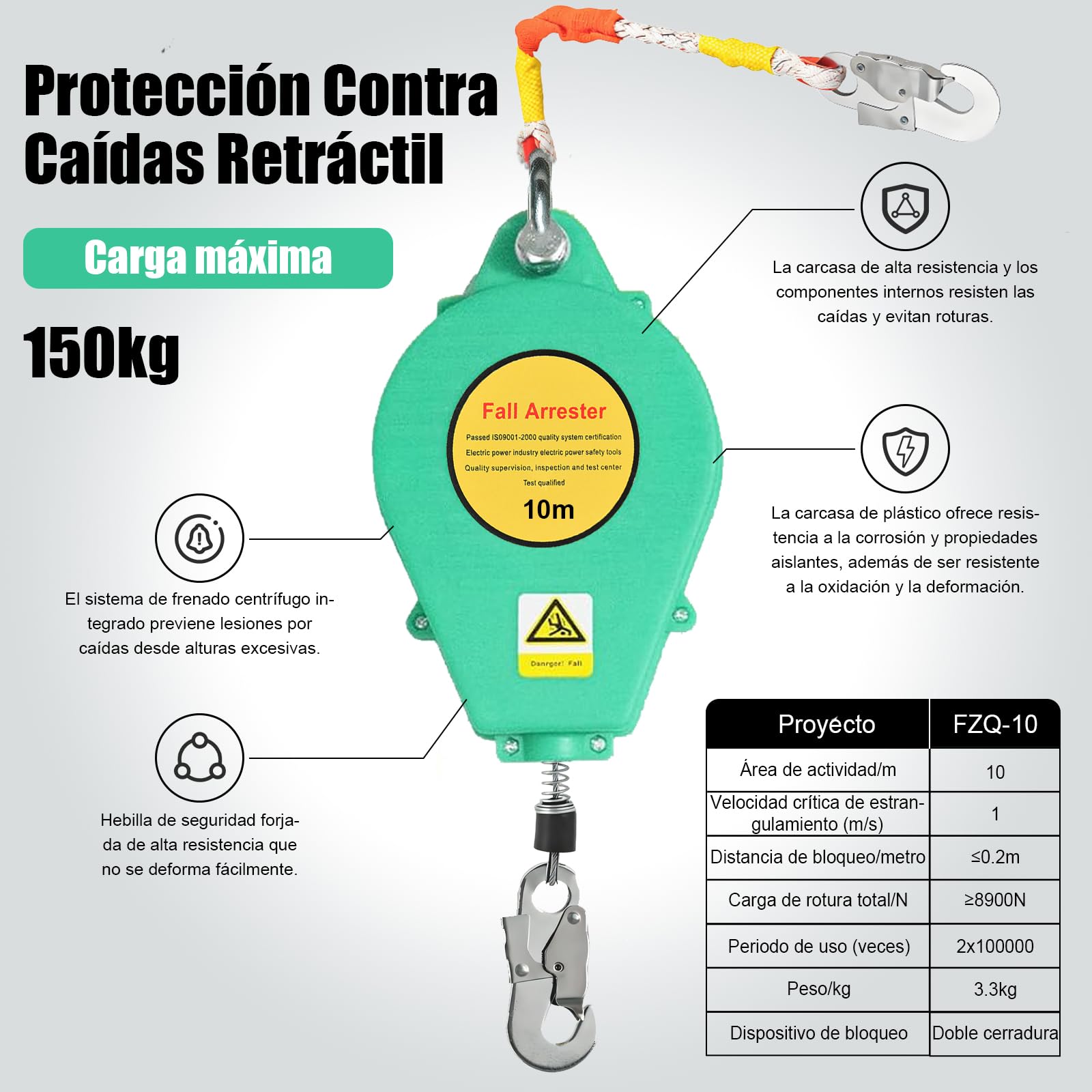 Dispositivo Anticaídas Retráctil 3–20 M con Gancho de Bloqueo | Línea de Vida Retráctil para Trabajo en Altura, Arnés de Seguridad Industrial para Construcción, Mantenimiento y Escalada