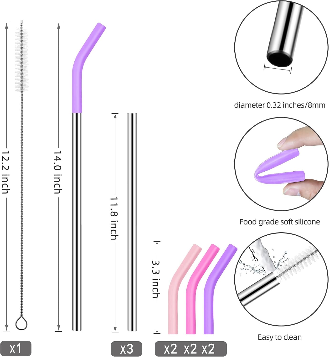 Set of 3 Stainless Steel Straws for 40 Oz Tumbler,For Stanley 40 Oz Tumbler, Reusable Metal Straw with 6 Silicone Tips and 1 Straw Cleaning Brush (Light Pink, Pink, Purple, 40 oz)