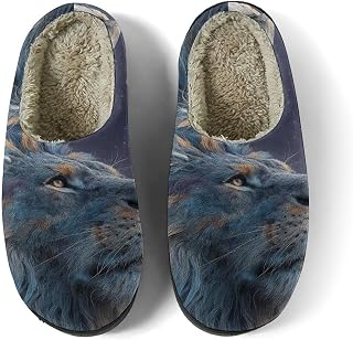 Lion Galaxy Portrait Women's Fuzzy Slippers Bedroom Slippers Warm House Shoes with Anti-Skid Rubber Hard Sole Outdoor Comfort Man