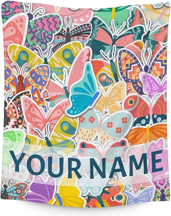 Personalized Butterfly Blanket Gifts with Name - 50"x60" Cute Throw for Women, Girls - Colorful Soft Fuzzy Blankets for Bed, Couch & Living Room
