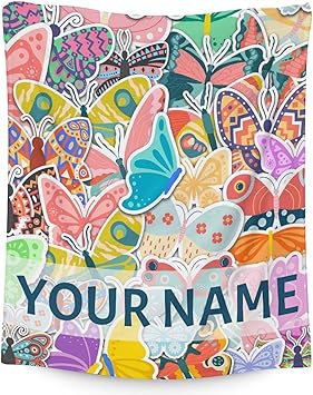 Personalized Butterfly Blanket Gifts with Name - 50"x60" Cute Throw for Women, Girls - Colorful Soft Fuzzy Blankets for Bed, Couch & Living Room