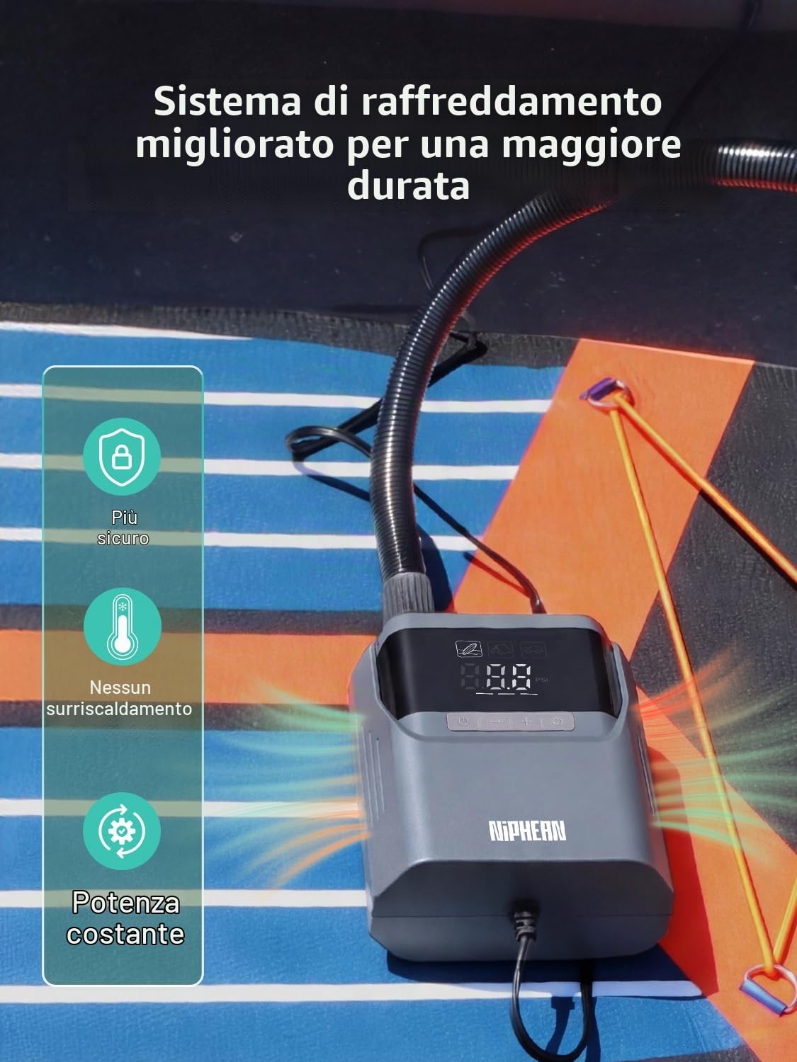 Niphean Gonfiatore Elettrico Portatile, Pompa Elettrica SUP 50 PSI | Pompa SUP Portatile 12V DC, Gonfiaggio e Sgonfiaggio Automatico per Tavola SUP, Kayak e Pneumatici