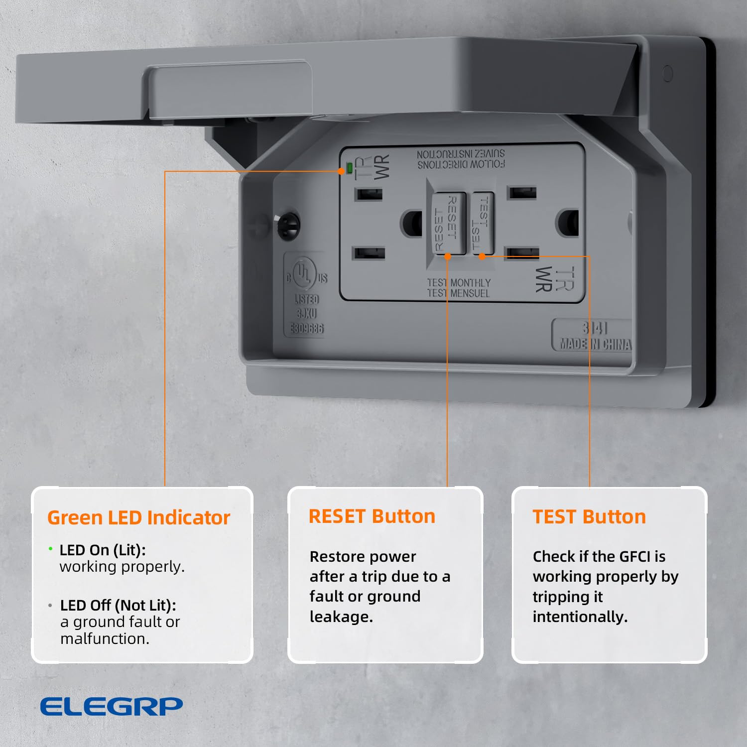 ELEGRP 15 Amp Outdoor GFCI Electrical Outlet with Cover, Weather Resistant GFCI Receptacle and Wall Plate, Self-Test GFI, Thinner Design Horizontal Ground Fault Receptacles, UL Listed, Grey, 1 Pack