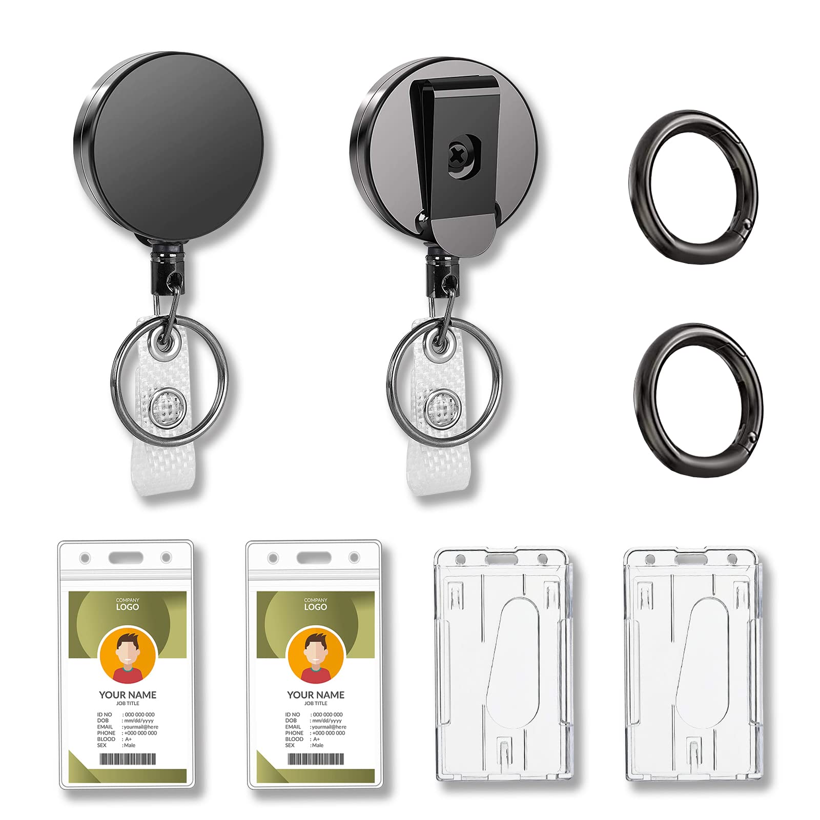 AMTAM 2 Retractable Keychains, Heavy Duty Carabiner, 68CM/26.8" Extension Cord With Wallet Cord, Key Ring, 2 Waterproof Clear Card Holders, 2 ID Credit Card Sleeves With Thumb Slots (Black)