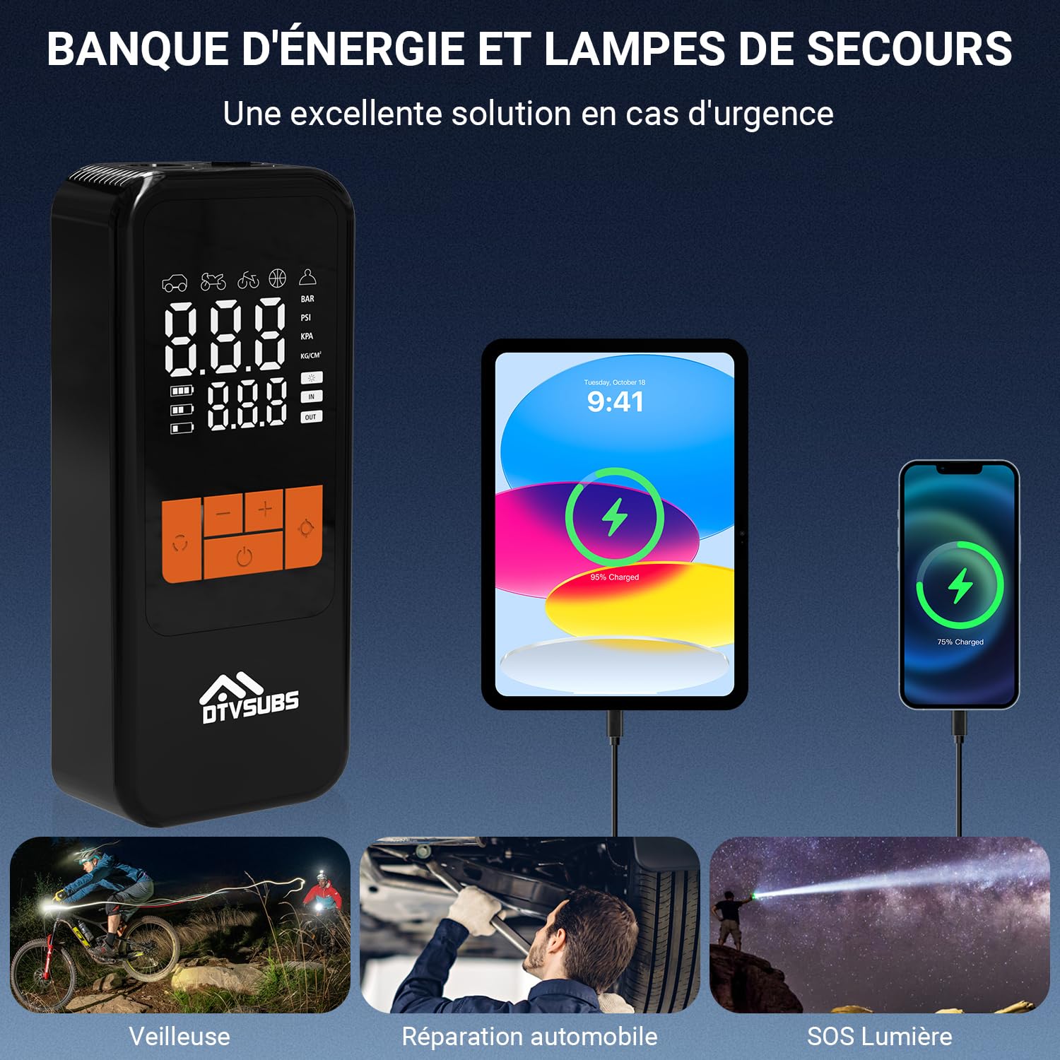 Compresseur d'Air Portatif 10,3 Bar/150 PSI, Gonfleur Pneus Voiture Mini | Pompe À Velo Électrique Gonflage Rapide, Gonfleur Pneu Sans Fil avec Batterie 4000mAh PowerBank, LED et Arrêt Automatique
