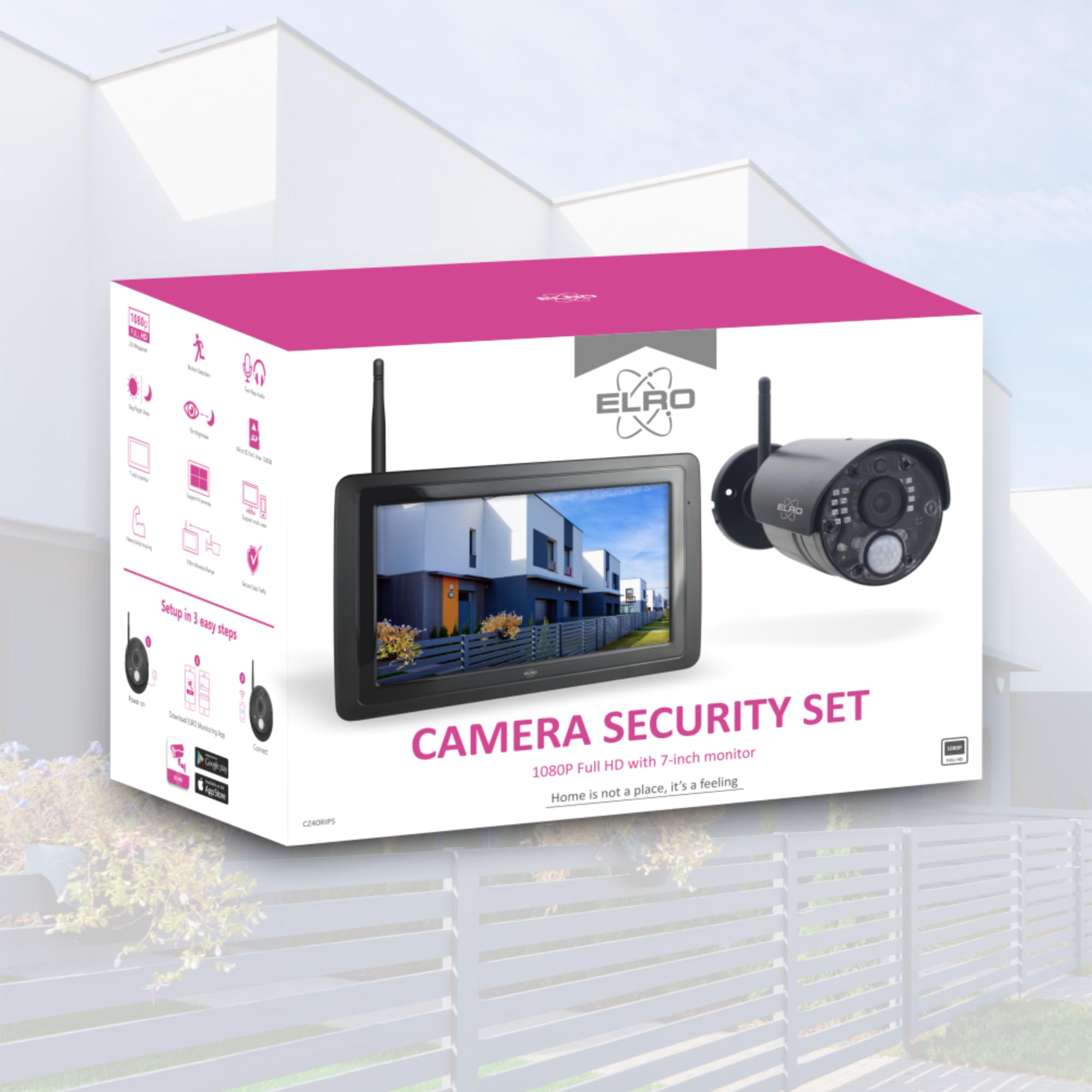 ELRO CZ40RIPS Kabelloses Überwachungssystem, Full-HD 1080p Kamera mit Nachtsicht, 7'' Monitor & App, IP65 |