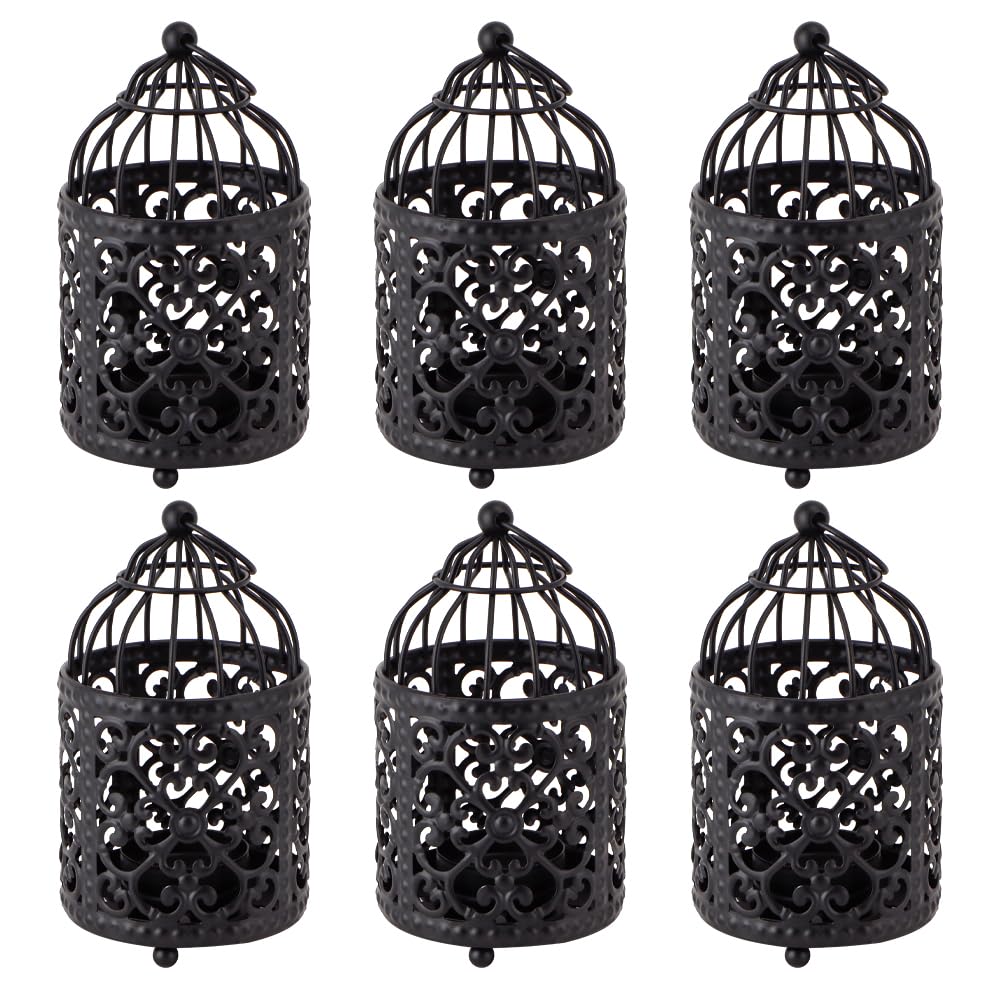 JHY DESIGN 6 Stück 14 cm Hohe Kleine Kerzenständer aus Metall zum Aufhängen Vogelkäfig Teelicht-Laterne Hohle Kerzenhalter für Tisch Valentinstag Terrasse Innen- und Außenbereich Geschenke (Schwarz)