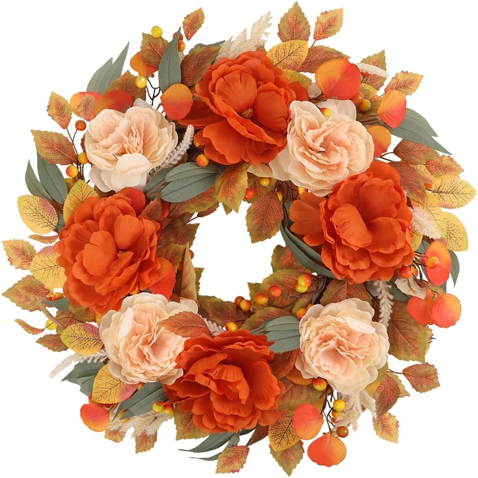 26" Fall Wreath for Front Door,Outdoor Autumn Farmhouse Decor,Mums Flowers