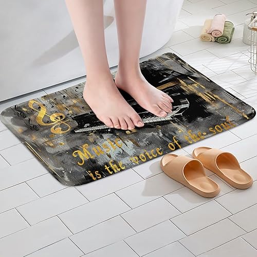 Miniatura 4 de Alfombra de baño con música de piano, notas musicales, para niños, niñas, niños, adolescentes, retro, graffiti, gris, dorado, lanudo y absorbente,