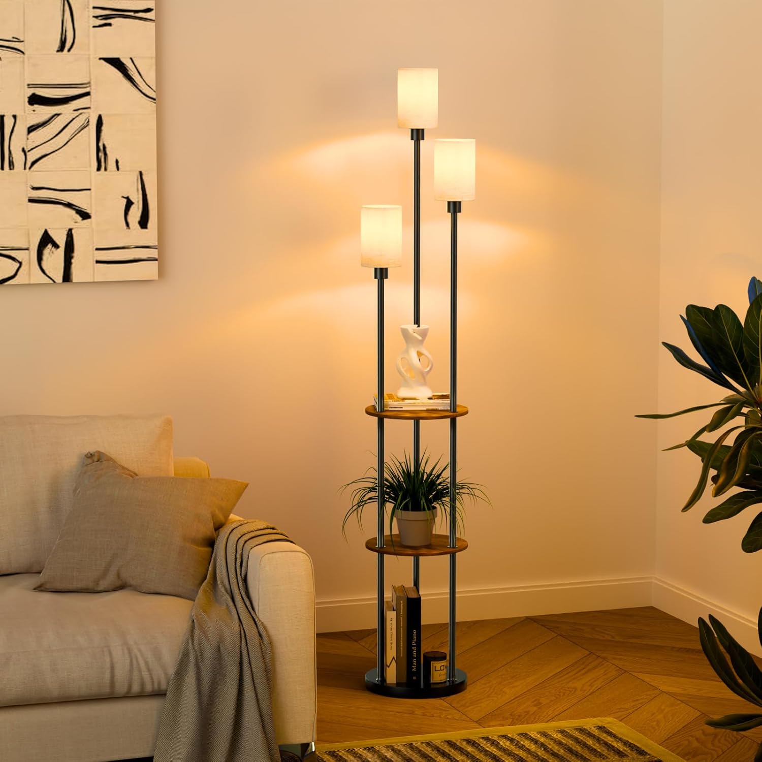 Floor Lamp with Shelves, Rustic Floor Lamp with Shades, 3 Light Standing Lamp with Table, 71" Tall Shelf Lamp with 3 Bulbs, Foot Switch, Corner Lamps for Living room, Bedroom (Black-Liner)