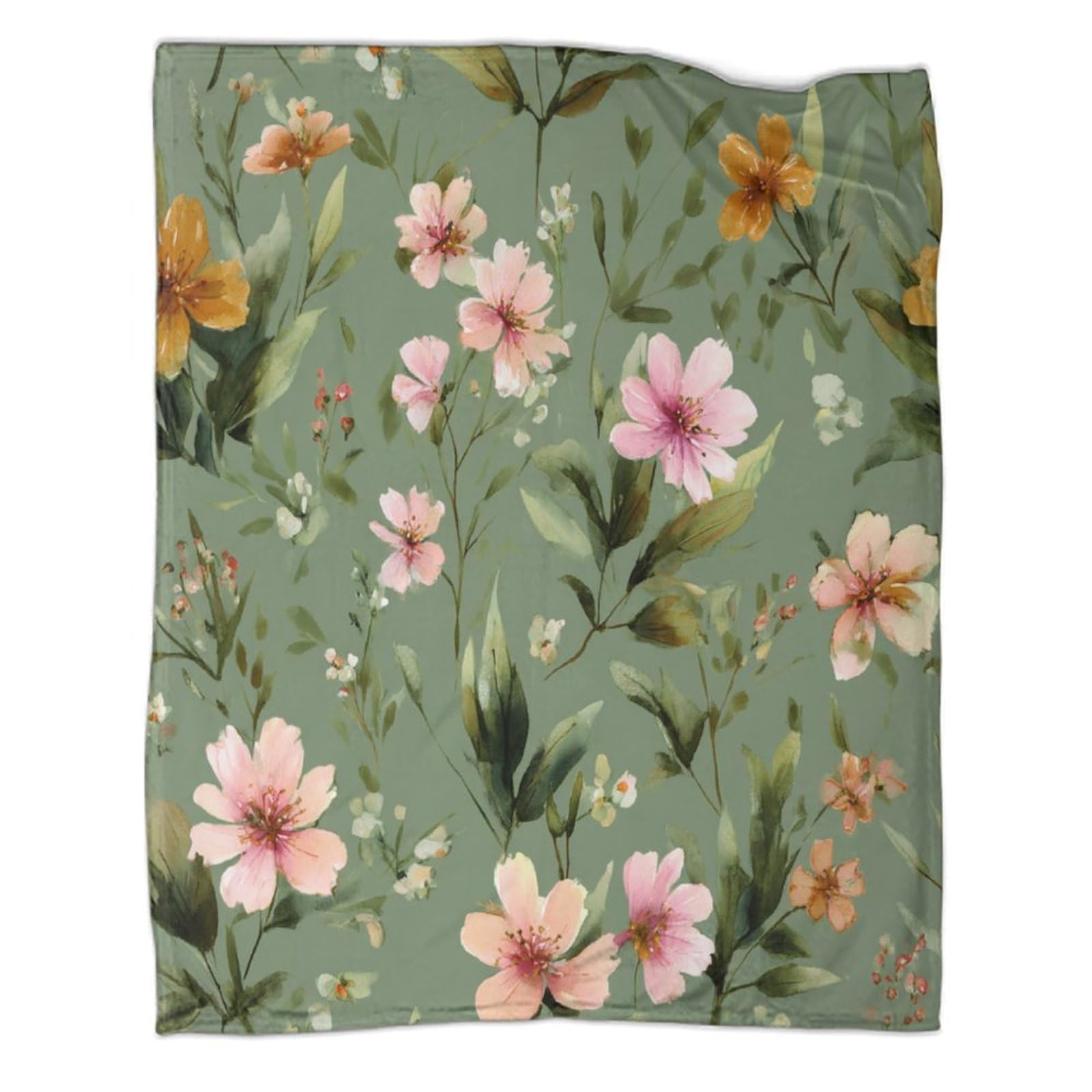 kaiyun Watercolor Wildflowers on A Sage Green Background Throws,Soft And Warm Printed Flannel for Bed And Sofa 60x80inch(150x200cm)