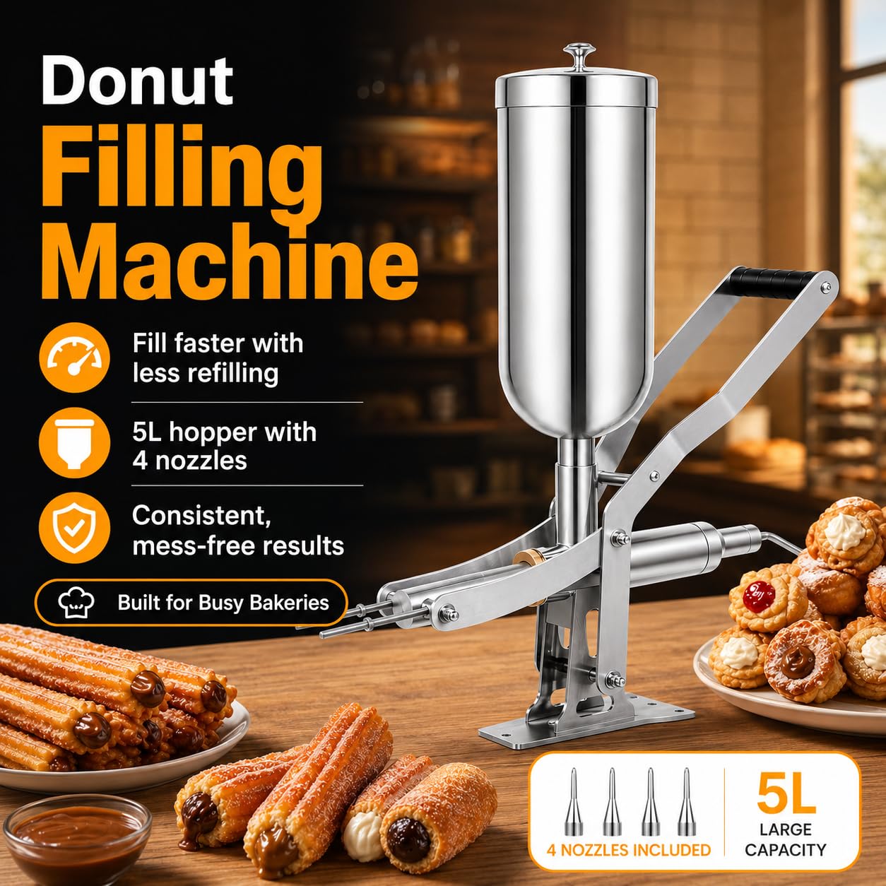 Riempitrice per ciambella commerciale, riempitrice per crema in acciaio inox da 5 litri con 4 ugelli antigoccia per panetterie e ristoranti, attrezzatura da cucina ideale