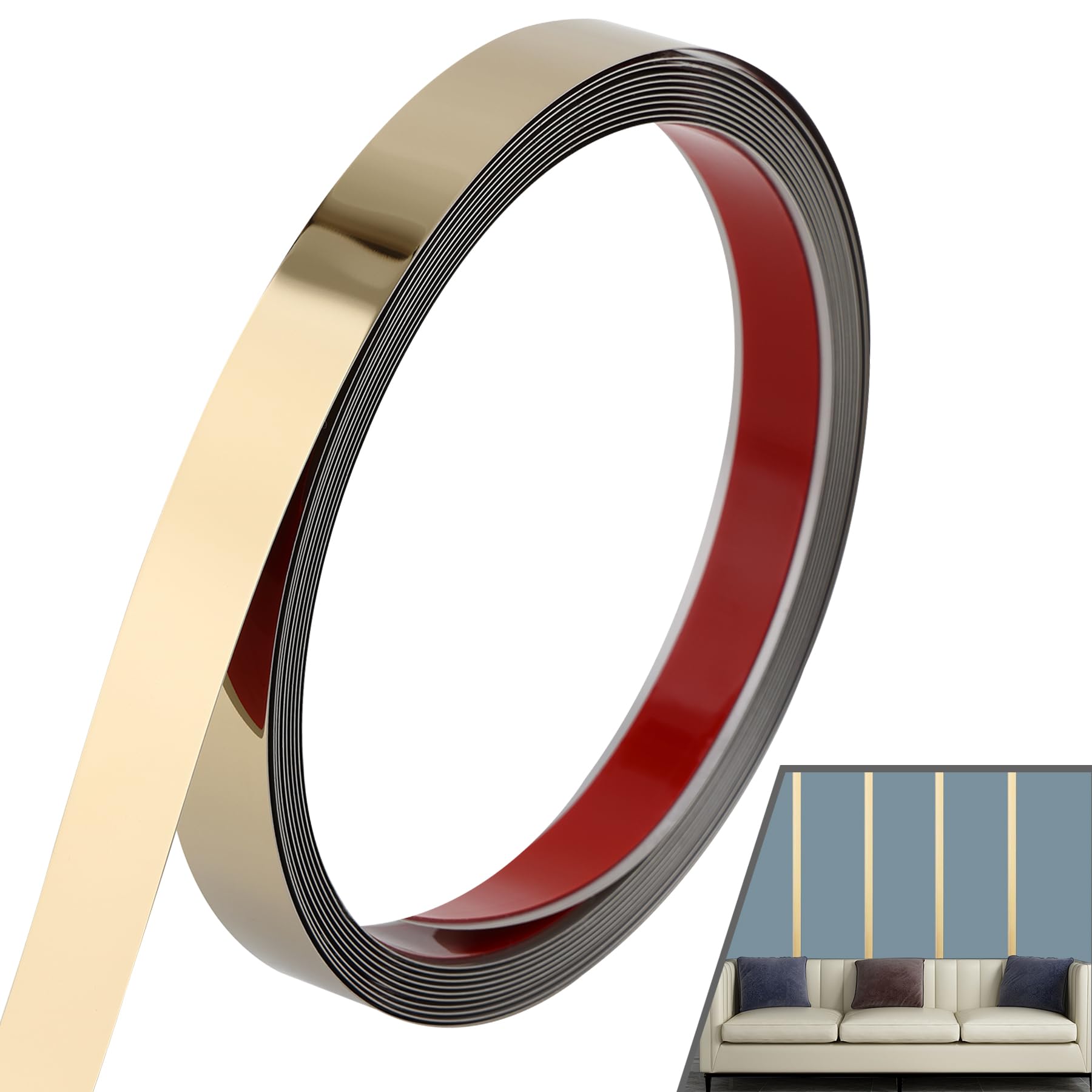 Peel and Stick Metal Finish Molding Trim, Stainless Steel Strip for Wall, Mirror Frame, Fireplace and Craft Decoration (Glossy Gold, 19.7 ft x 0.6 in)