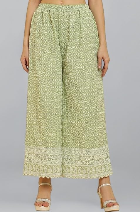 Women's Cotton Palazzo Pants, Chicken Embroidery, Lace Border