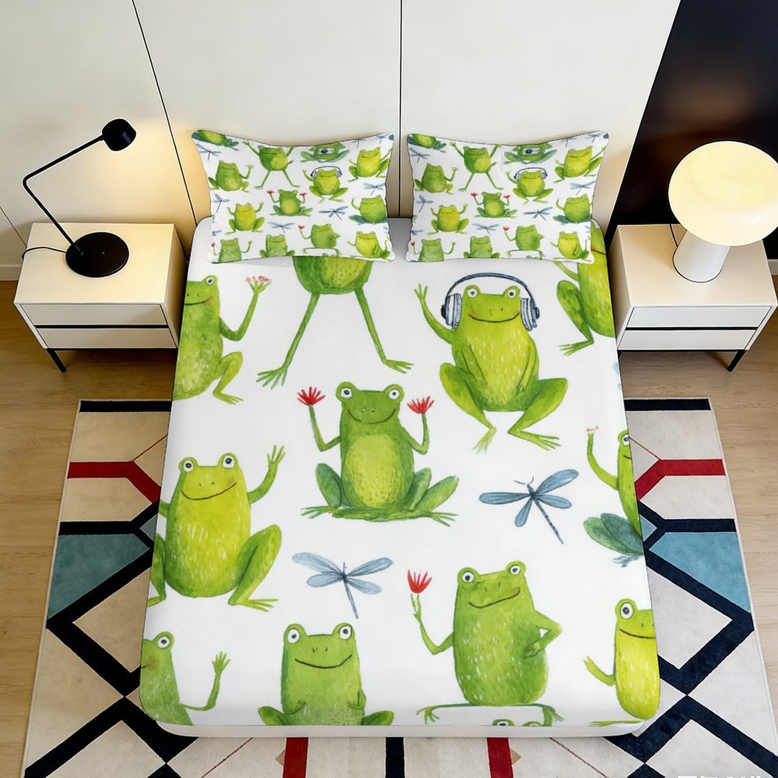 3D Printed Frog Illustration Fitted Sheet Microfiber Anti-Slip Green Dragonfly Bed Cover for Bedroom Dorm Decoration 90x200x25cm