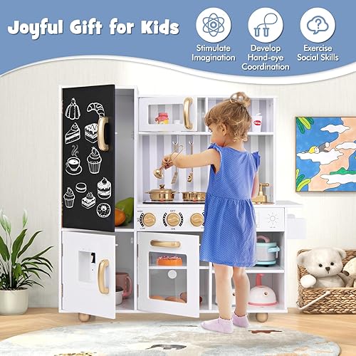 Miniatura 9 de HONEY JOY Juego de Cocina para Niños, Conjunto de Cocina de Juego de Madera del Pequeño Chef con Pizarra y Dispensador de Agua, Estufa Iluminada