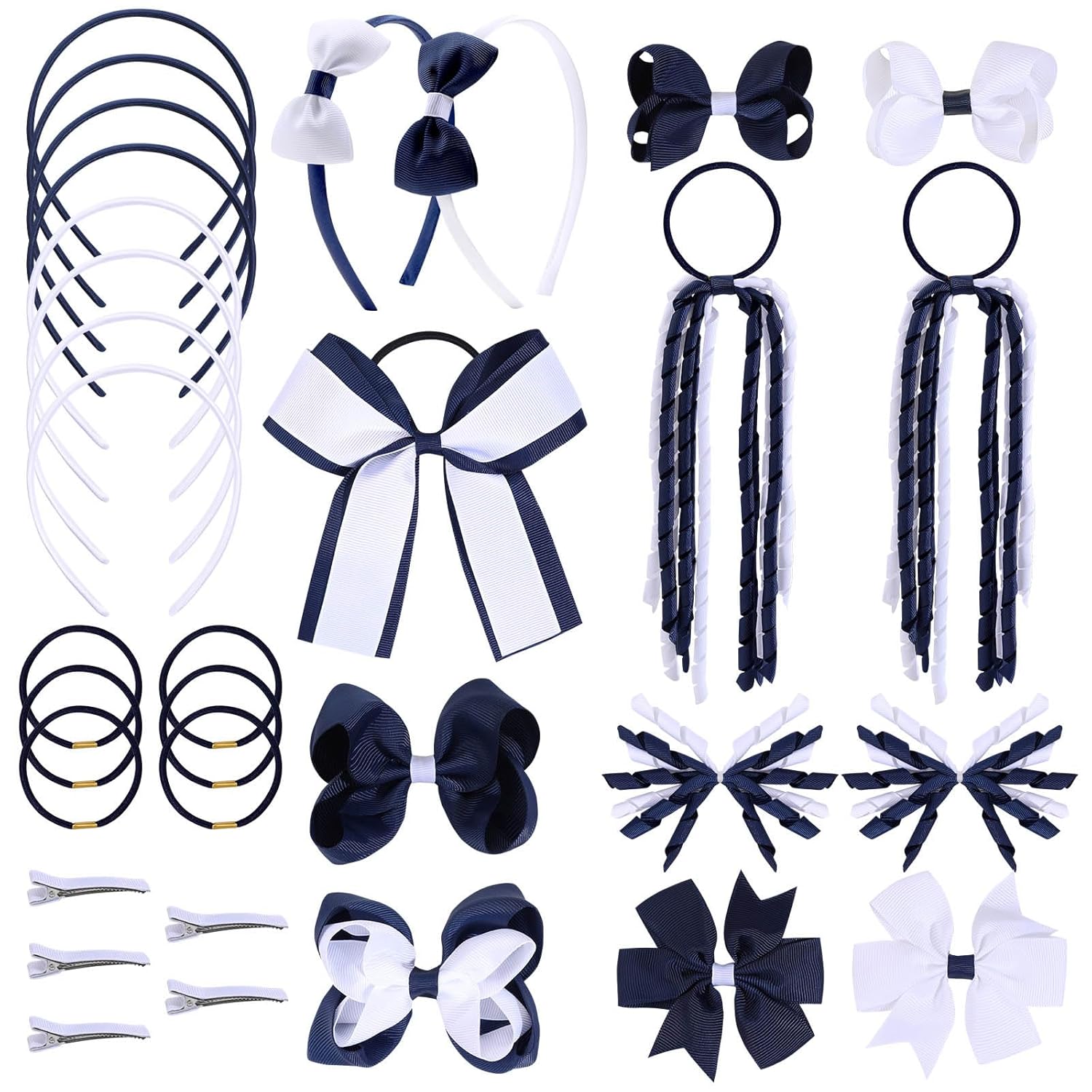 32PCS Navy Bows for Girls, Oaoleer Grosgrain Ribbon Hair Accessories Set Include Hair Bows, Cheer Bows, Alligator Hair Clips, Curly Koker Bows, Bows Hair Tie, Headbands for Little Girls (Navy-White)