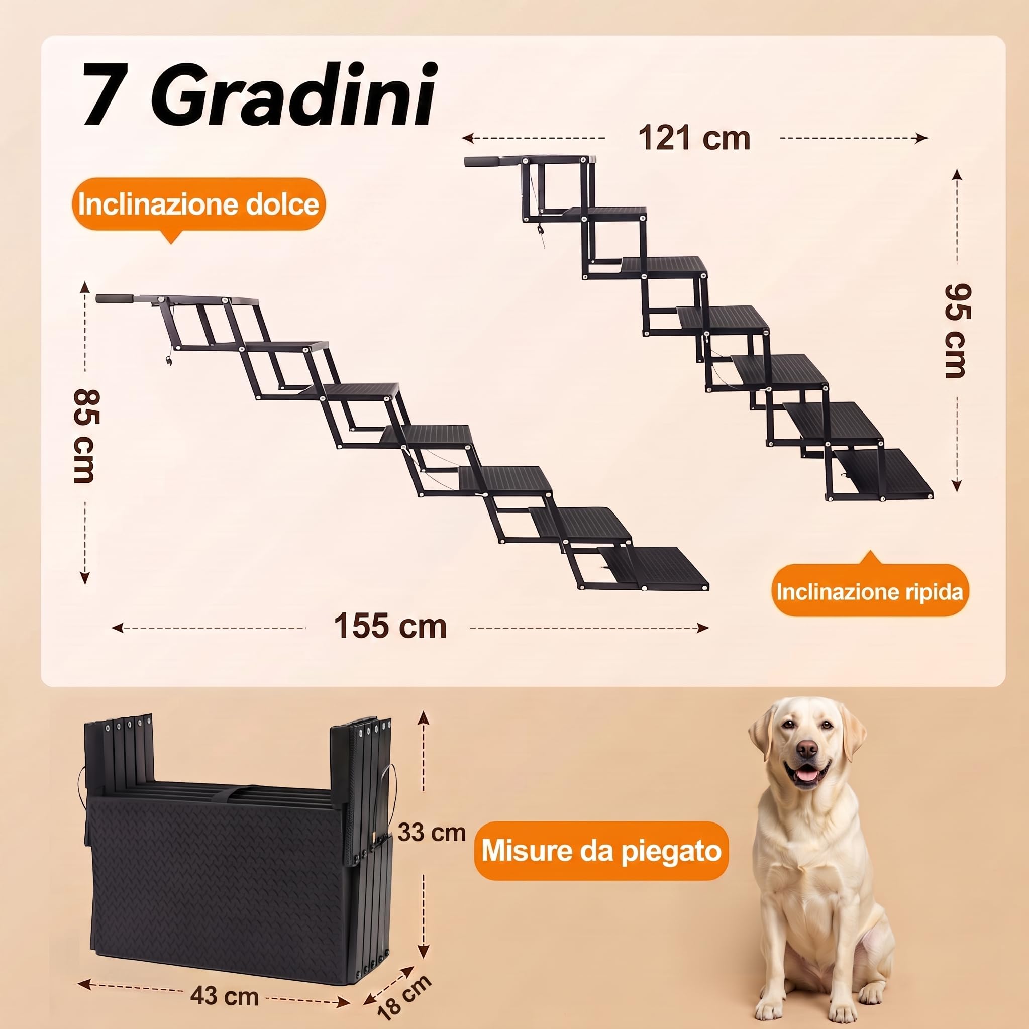 Niubya Scala Pieghevole per Cani, 7 Gradini Antiscivolo per Auto SUV Furgone, Portata 113 kg, Larghezza 43 cm, Leggera 4,5 kg, Scala di Accesso per Cani Grandi, Anziani e in Riabilitazione