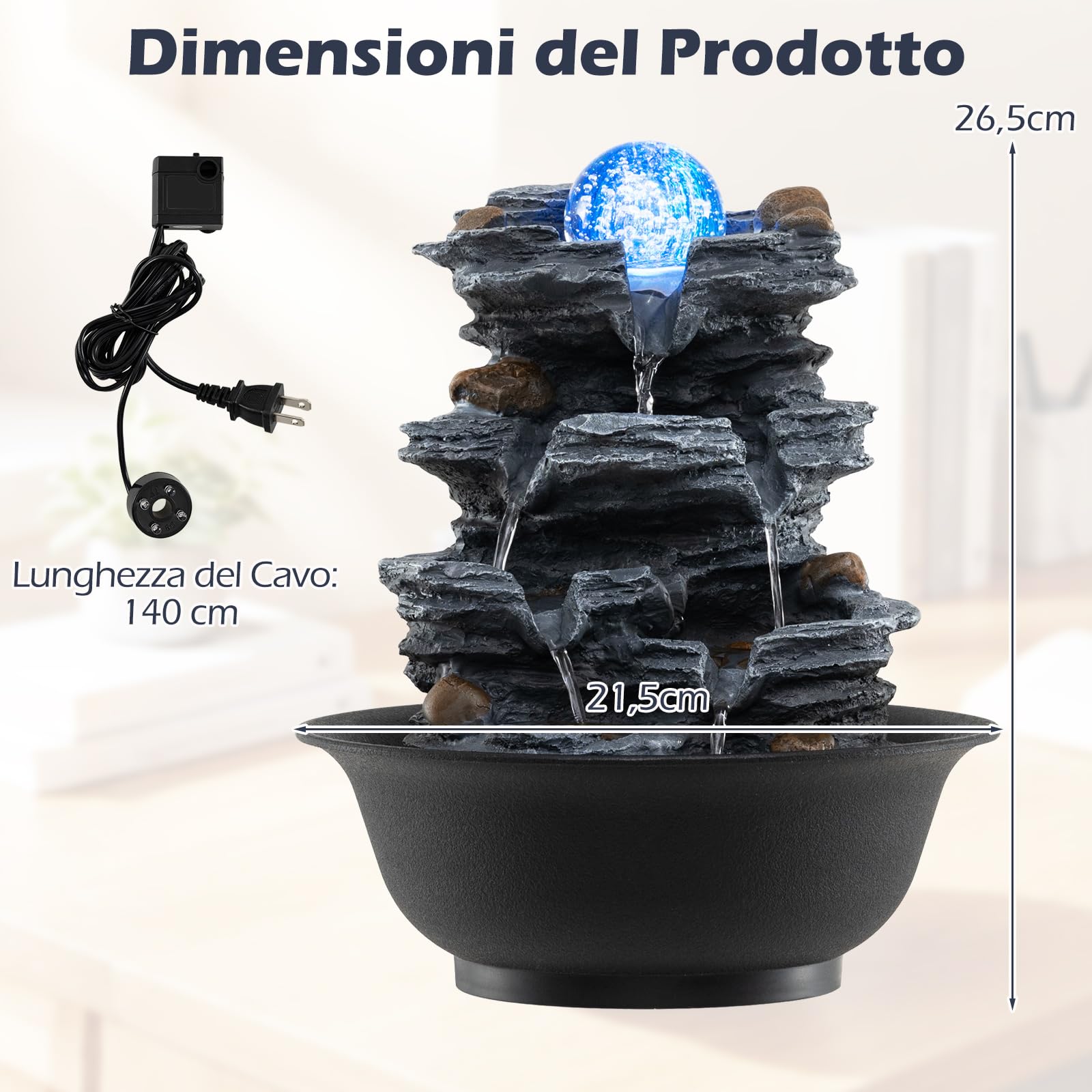 COSTWAY Fontana Zen da Interno, Fontana da Tavolo a Cascata con Luce LED, Pompa Silenziosa e Velocità dell'Acqua Regolabile, Fontanella Decorativa per Soggiorno, Ufficio e Camera da Letto (Modello 2)