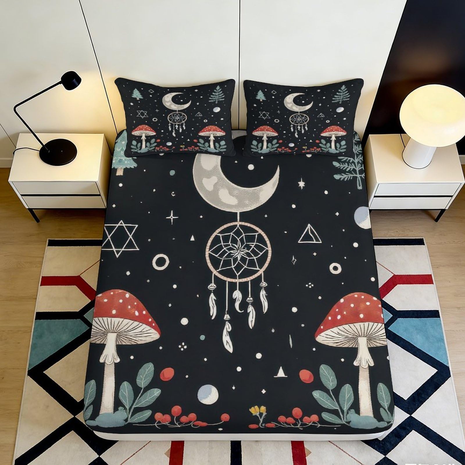 3D Printed Moon Mushroom Fitted Sheet Microfiber Soft Black Dreamcatcher Bed Cover for Bedroom Dorm Decor 90x200x25cm