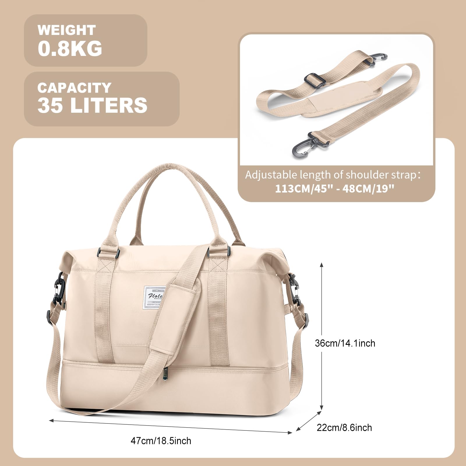 Borsone da Viaggio Donna, Bagaglio a Mano Borsa da Viaggio con Scomparto per le Scarpe, Borsa Sportiva Borsone da Palestra Grande, Borsa da Weekend, Borsa per Ospedale,C5 beige